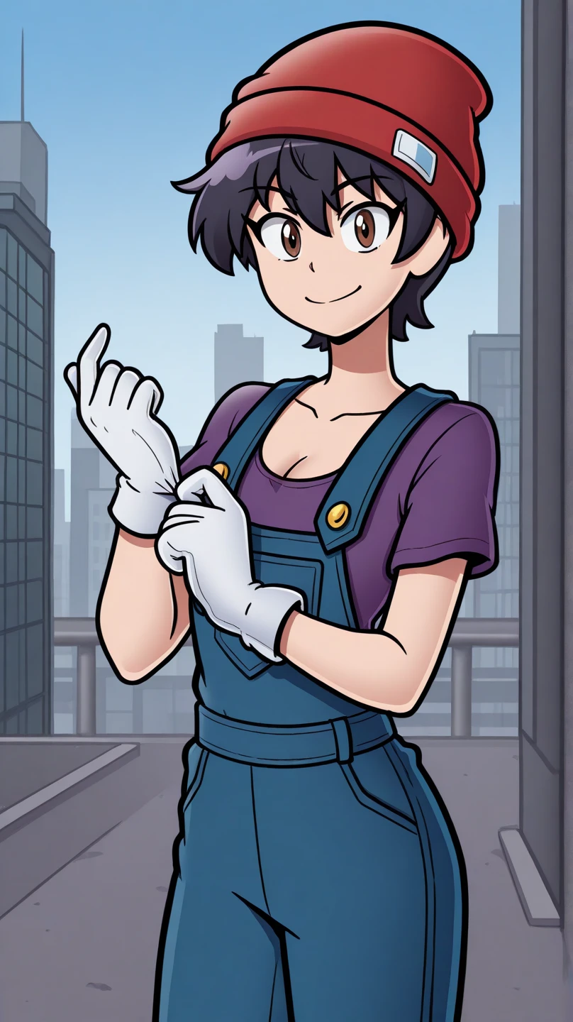 masterpiece, best quality, cowboy shot, solo, 1girl, izumo fuuko, smile, looking at viewer, adjusting gloves, short hair, black hair, hair between eyes, red headwear, beanie, brown eyes, two-tone, dark purple shirt, blue overalls, short sleeves, white gloves, collarbone, cleavage, outdoors, city
