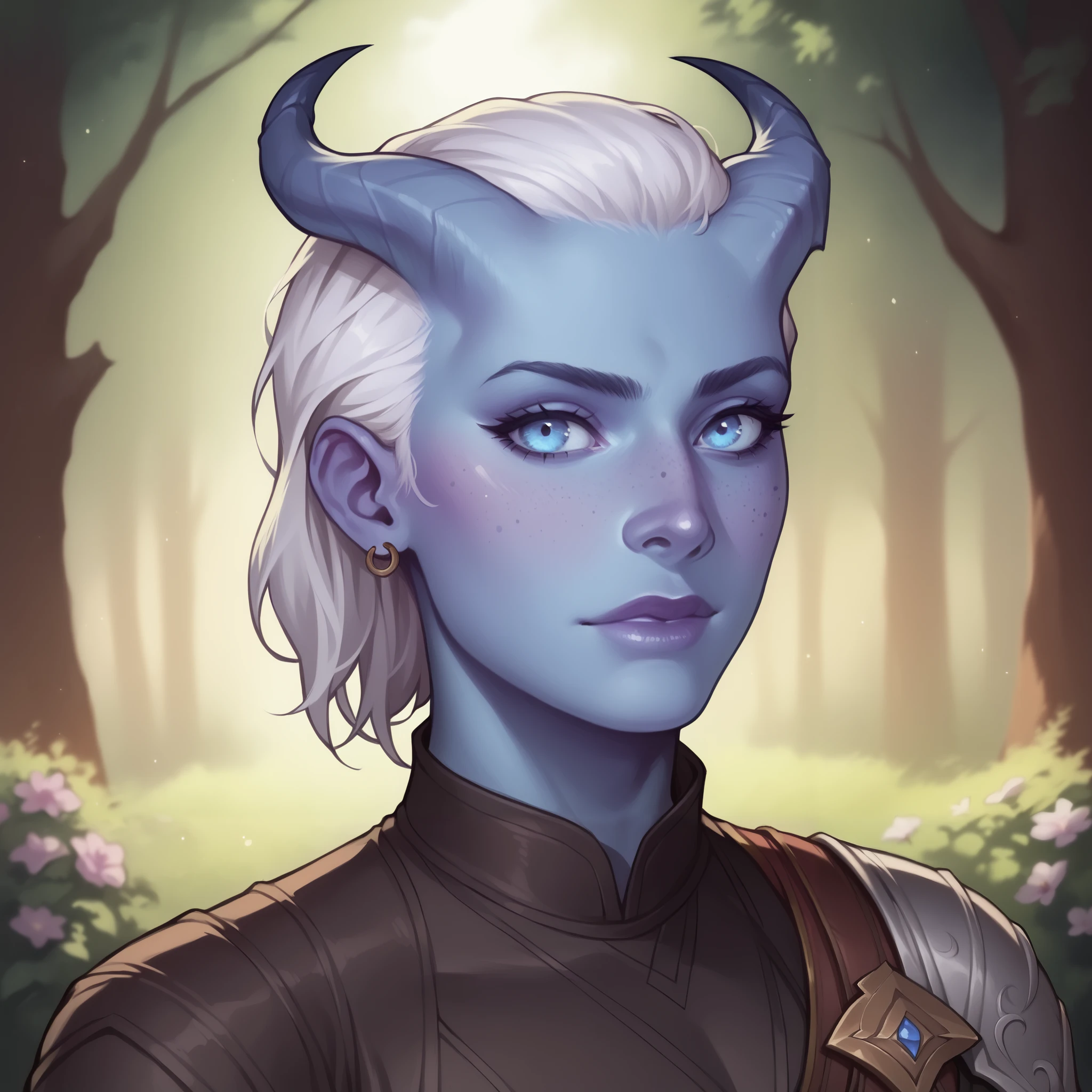 (((beautiful, high quality, comics style, detailed face))), score_9, score_8_up, score_7_up, BREAK, tiefling, 1boy, androgynous, short straight horns, blue skin, blue freckles, white hair, asymmetrical bob, slender, portrait, blurred background, DeepNegative_xl_v1, detailxl, zPDXL3