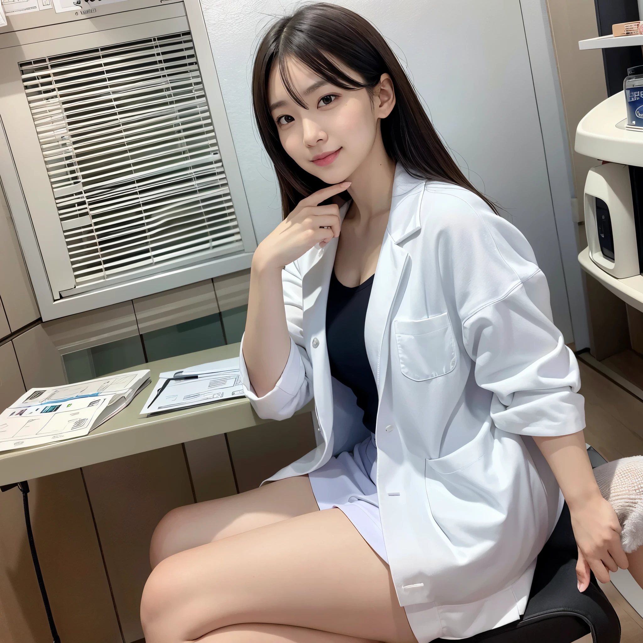 A female doctor in a white coat、1Male Female、(smile face:1.1)、Slim face、 most beautiful woman in the world 、 Extremely detailed face of 、 detailed eyes、Double eyelids、Kamimei、Perfect Teeth、 Perfect teeth alignment 、( Shiny Skin)、( tanned skin )、( lifelike skin)、 blurry background 、 full-body lesbians、facade、Slim face、Colorful clothes、 sitting on an examination room chair、Wear a stethoscope、【From the above】、 miniskirt 、 beautiful hair、 her chest is visible 、Full body pose、(PureErosFace_v1:0.8)、 small face、 laughs、 sexy、Hide your hands, spread legs、