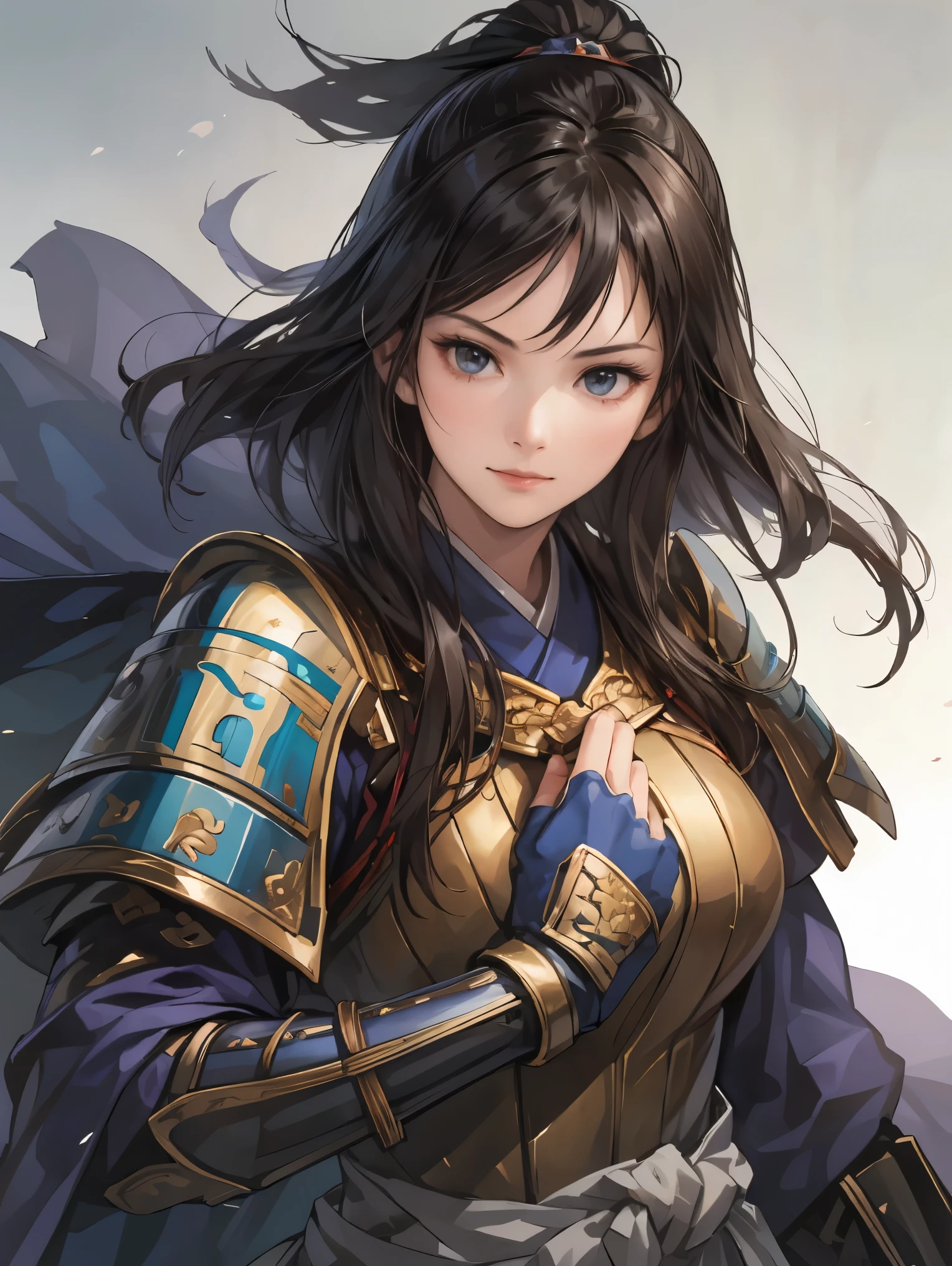 beautiful woman with dark hair :1.3, Stunning Character Art , Hanfu,(( pure white background)), ( best quality ), handsome,Beautiful female knight, 2. 5D CGI fantasy artwork, detailed digital art , Very nice work of art, fan Art Best Art Station, (black velvet long cape),(warrior:1.2)( expressionless),Exquisitely drawn hands 、 I'm putting my hands on my lower back, facing forward、Chinese Armor,From the waist up、One woman、 Faint Smile 、White space above the head, Black Armor、 The chest part of the armor is wide open、 and the chest is exposed、