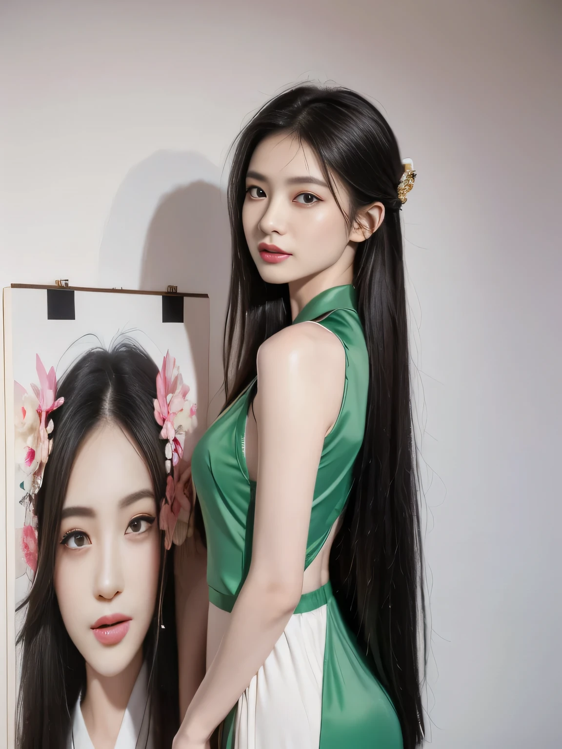 Hair band, victory, long lashes, solid circle eyes, Chuckling, Ears Blush , direction, precise, surrealism , drop shadow, Relief, Take off your stereogram , Standing picture, Ass pov, atmospheric perspective, 8K, Super Detailed , best quality , Ultra HD, Retina, is anatomically correct, Super Detailed , Awards, best quality , Height Details , textured skin , masterpiece, aprecise, high quality , high resolution on the bench, 1 girl, actor, Handsome, Ink splatter, Chinese Armor, ( upper body), Black Hair, Flowing Hair , delicate eyes , Black and green ancient silk hanfu, Field of view, (f1.8), ( masterpiece), (portrait), Front photo, white background , (poster), arms