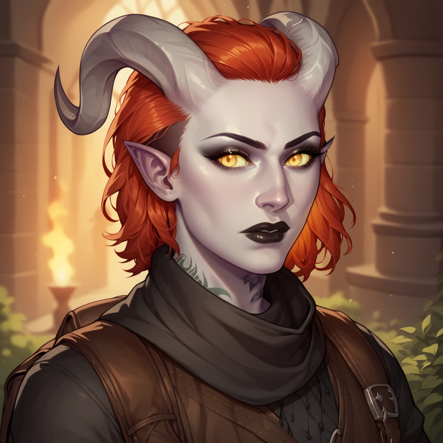 (((beautiful, high quality, comics style, detailed face))), score_9, score_8_up, score_7_up, BREAK bust shoot, solo, 1girl, 33y woman, (Tiefling, pointed ears, curved horns), ((pale gray skin:1.1)), muscular, tattoos, fiery red hair, medium hair, unruly shaved side, Black lips, eyeshadows, golden eyes, ((looking to the viewer)), a rogue wearing black torn coat, multiple belts, bandages, backpack, hood up, scarf, medieval inn, fantasy background, blurred background, DeepNegative_xl_v1, detailxl, zPDXL3