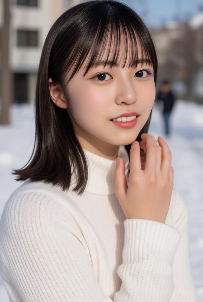 (((top-down configuration:1.4))), (best quality:1.4), (ultra highres:1.2), (photorealistic:1.4), (16k, RAW photo:1.2), (portrait shot:1.3), professional lighting, Japanese goddess, gravure, detailed face and skin texture, detailed eyes, looking at camera, nsfw, beautiful eyes, detailed eyes, beautiful face, detailed face, ((smile:1.3)), (highest quality), glowing skin, (smooth lighting:1.2), (cinema lighting:1.2), (above the knee shot), (brown long hair), (bangs:1.4), ((red wool scarf:1.3)), (((large breasts:1.7))), ((emphasize cleavage:1.2)), ((virgin killer sweater:1.3)), (sweater dress:1.2), ribbed sweater, ((sideboob:1.2)), (((cleavage cutout1.4))), turtleneck sweater, (white sweater:1.3), (crop top navel:0.8), (emphasize cleavage:1.3), slim, slender, bare legs, (bare thighs:1.5), (on the street), crowd, ((shy:1.3)), (snow:1.3), ((feature breasts:1.5))