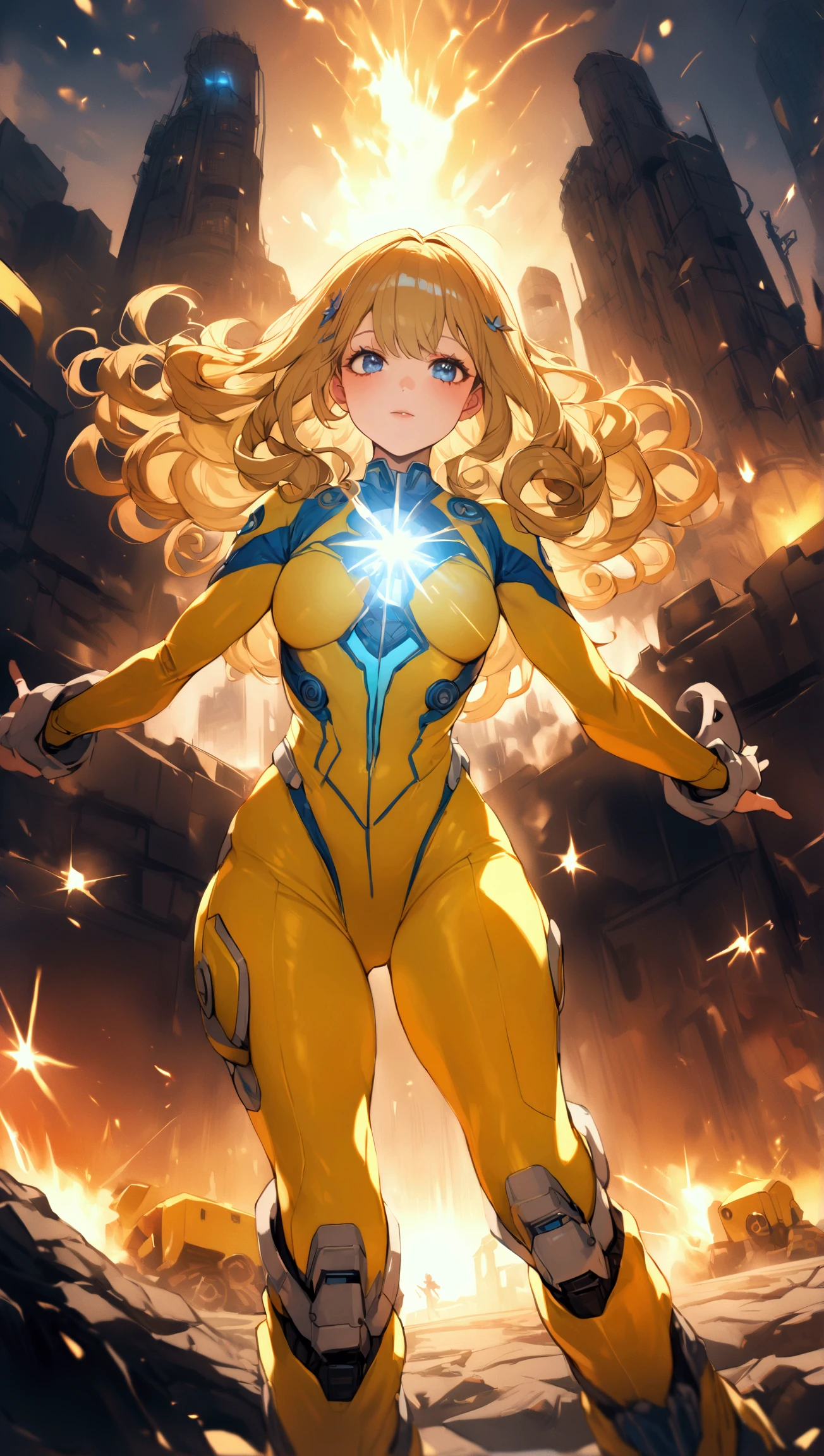  A cheerful girl with curly blond hair that reflects light like sunbeams .  Her blue eyes are like clear skies , full of life and optimism .  Her vibrant yellow latex suit highlights her energy and charisma .  in the background ,  a yellow robot with white and blue details dominates an industrial landscape illuminated by sparks and moving machinery. juntos,  seem to represent hope in the midst of chaos .