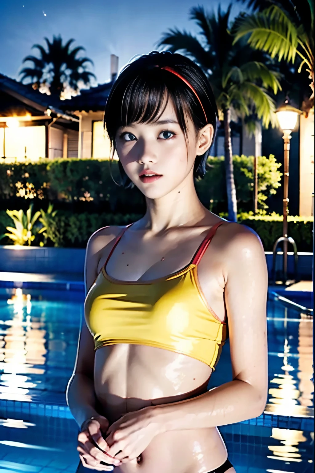  girl １people、１peopleだけ、 Very Shorthair、 blondes、Poolside at night、 competitive swimsuit、 sunburn marks、