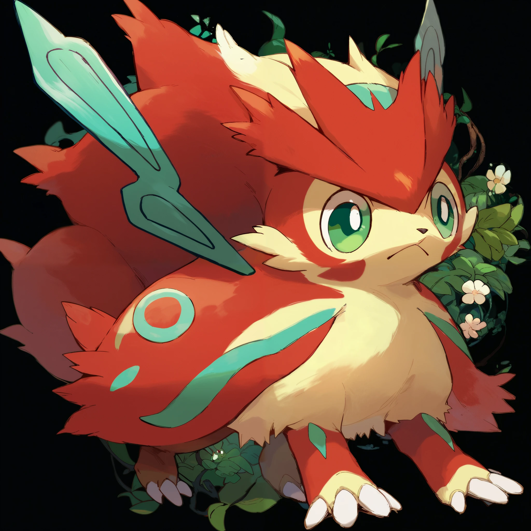 legendary, ancient, fairy and steel type pokemon, red fur, with green eyes and body markings, psychic aura around long tail, quadruped, Ken Sugimori 