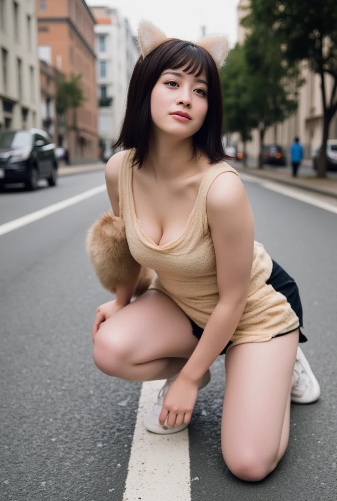 ((masterpiece)), ((best quality)), (ultra-detailed), realistic, real, 1girl, solo, dynamic angle0, looking at viewer, full body standing,a Japanese young pretty woman, long bob hair, In the urban streets in autumn,Sexy and mature knit off-the-shoulder top with leather mini skirt, sophisticated fallwinter coordinate, boots or high heels to tighten up the footwearglamorous figure, a big smile,((beautiful eyes)), large breast0, hyper cute face, glossy lips, Perfect double eyelids in both eyes, natural makeup, long eyelashes, shiny smooth light brown long bob hair, asymmetrical bangs, shiny skin, central image, high resolution, high detail, insanely detailed,detailed hairstyle, detailed face, spectacular cinematic lighting, octane rendering, vibrant, hyper realistic, perfect limbs, perfect anatomy