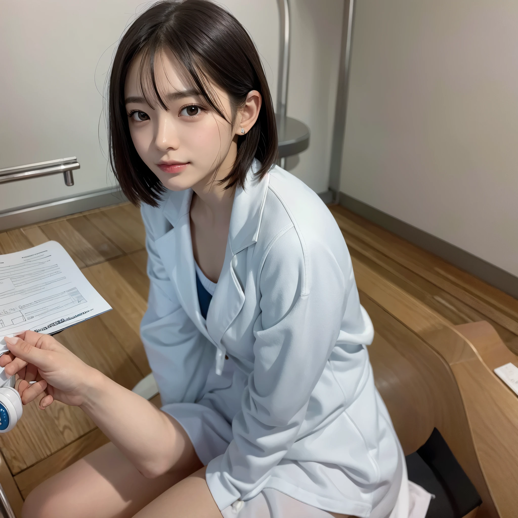 A female doctor in a white coat、１Male Female、(smile face:1.1)、Slim face、  most beautiful woman in the world 、 Extremely detailed face of  、 detailed eyes、Double eyelids、Kamimei、Perfect Teeth、 Perfect teeth alignment 、( Shiny Skin)、( tanned skin )、( lifelike skin)、 blurry background 、 full-body lesbians、facade、Slim face、Colorful clothes、 sitting on an examination room chair、Wear a stethoscope、【From the above】、 miniskirt 、 beautiful hair、 her chest is visible 、Full body pose、(PureErosFace_v1:0.8)、 small face、 laughs、 sexy、Hide your hands, spread legs、