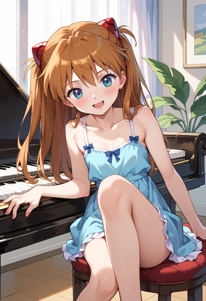 (( best quality )), ((masterpiece)), (be familiar with),  Perfect Face, indoor, bedroom,  Watching Viewers ,
One woman,  Soryu Asuka Langley,
開いた口,  ecstatic expression beside the piano, blush, smile,
 small tits,  flat chest, Young girl, Lori,  s,  girl,
 long hair,  two side up,
Leg spread,