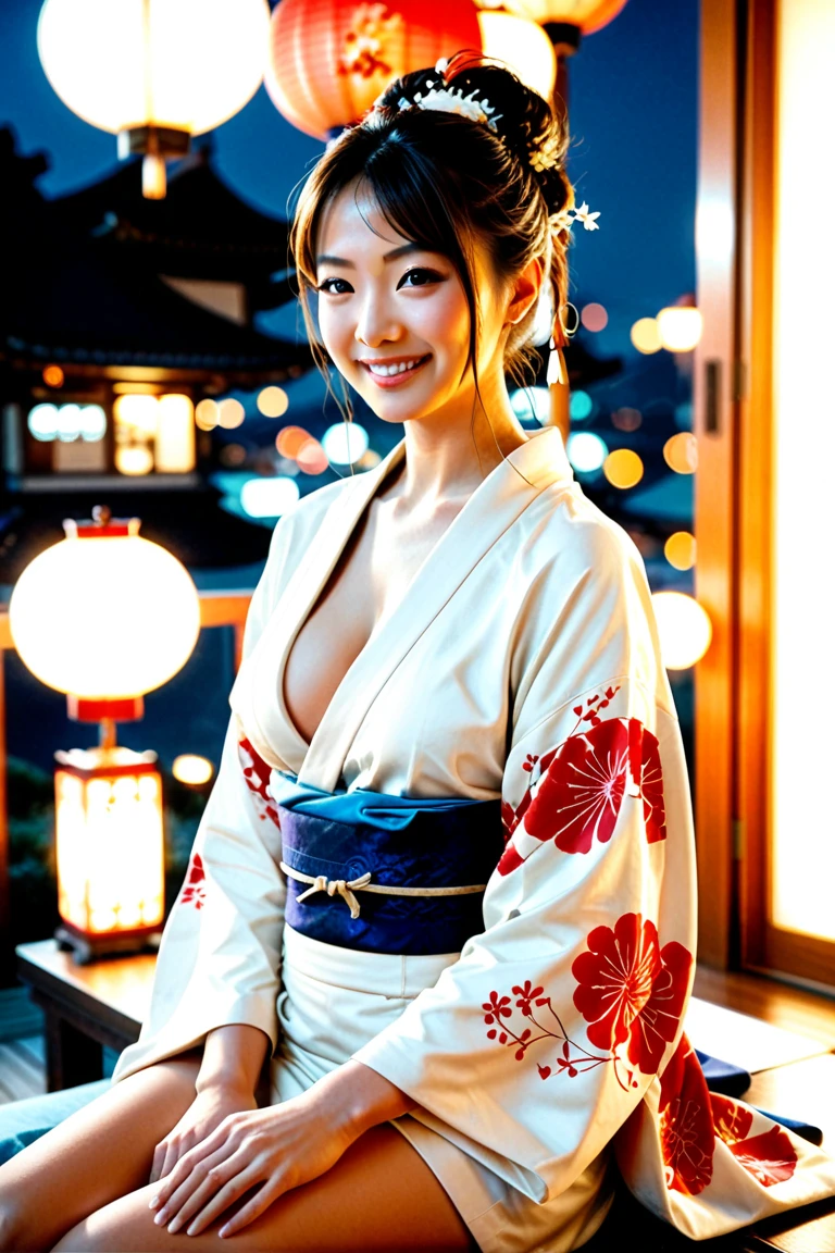 ((bigbreast:1.2)),A glamorous and voluptuous woman wearing a traditional yukata is seen from the waist up, with the Kyoto Gozan mountains in the background, where the “Daimonji” bonfire is burning brightly. The night scene highlights the large “大” character, glowing prominently on the mountainside. This mid-shot captures the intricate details of her yukata and her serene expression, with soft light from the fire illuminating her upper body. The image should focus on the delicate features of her face and the elegance of the yukata, ensuring a high level of detail and realism.