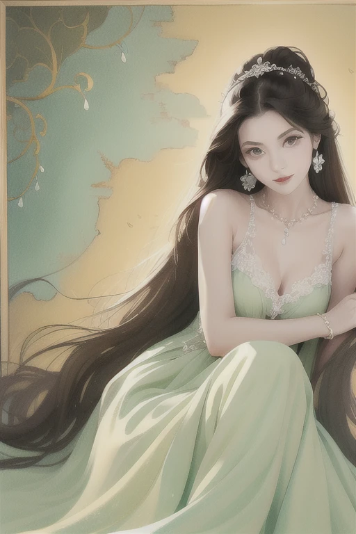  A fusion of ink painting and watercolor painting、A woman with a beautiful face、 movie light showing both legs,   Embraces Love 、detailed interior、 look at me and smile、Delicate Green Dress 、 Sparkling Crystals 、 Brilliant Colors 、Crystal Necklace、Double Ponytail、 Long Brown Hair Flutters、masterpiece、 best quality、