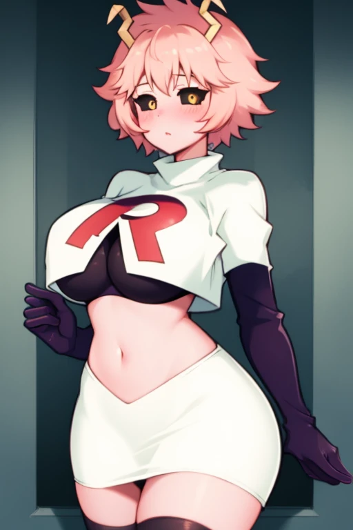 lumen reflections, natural lighting, evocative, triadic color scheme, cowboy shot, elegant, voluptuous:0.6, looking at viewer, 1girl, female, solo, blush, sfw, mina ashido, team rocket uniform, red letter R, white skirt,white crop top,black thigh-highs, black elbow gloves