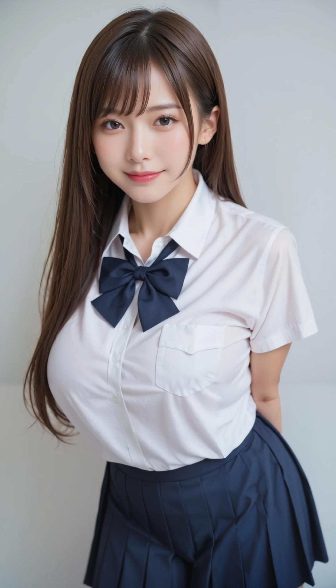 score_9,score_8_up,score_7_up,ultra detailed,absolutely resolution, detailed beautiful face and eyes,hyper realistic,beautiful Young girl,brown hair,low straight hair,realistic tan skin,embarrassed Smile,school uniform,pleats skirt,school tights,leaning forward,large breast,arms behind back,upper body,breast focus,looking at viewer,School