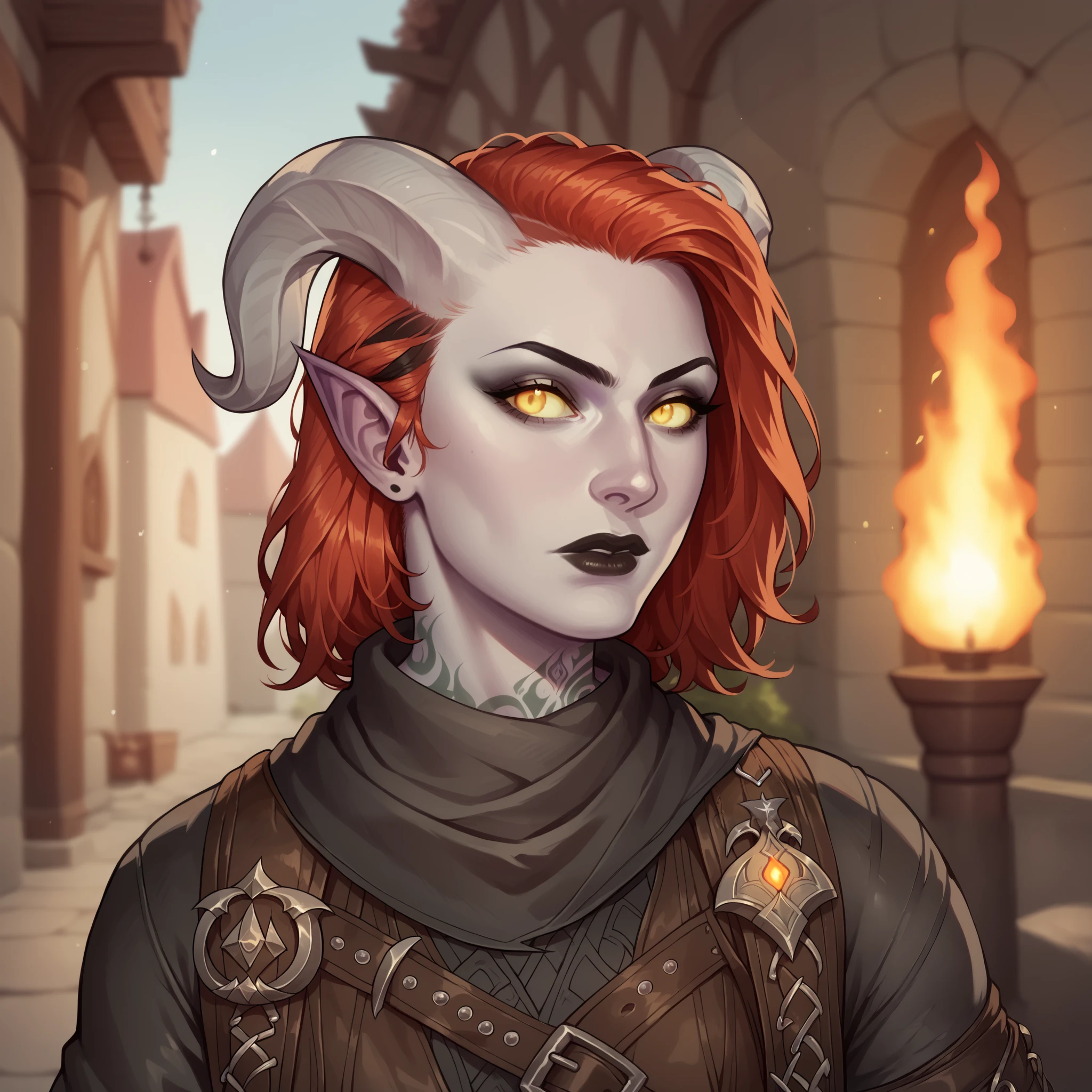 (((beautiful, high quality, comics style, detailed face))), score_9, score_8_up, score_7_up, BREAK bust shoot, solo, 1girl, 33y woman, (Tiefling, pointed ears, curved horns), ((pale gray skin:1.1)), muscular, tattoos, fiery red hair, medium hair, unruly shaved side, Black lips, eyeshadows, golden eyes, ((looking to the viewer)), a rogue wearing black torn coat, multiple belts, bandages, backpack, hood up, scarf, medieval inn, fantasy background, blurred background, DeepNegative_xl_v1, detailxl, zPDXL3