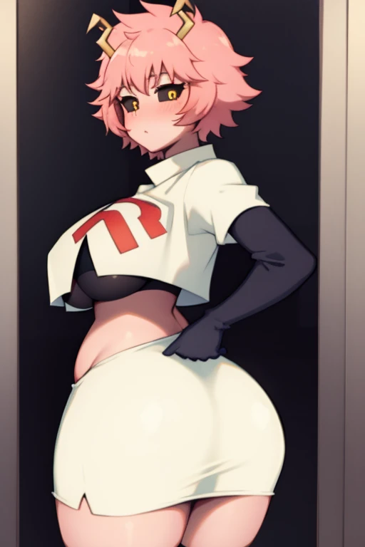 Illustration, 1 Japanese lady, Beautiful face, Asymmetrical hair, (masterpiece, top quality), Huge breasts, Huge butt, Thick thighs, Pink hair, Various hair colors, Belt, Bodysuit, Removable sleeves, Blue eyes, Hip vent, Open jacket, Cute, Cool, pink sexy aura
