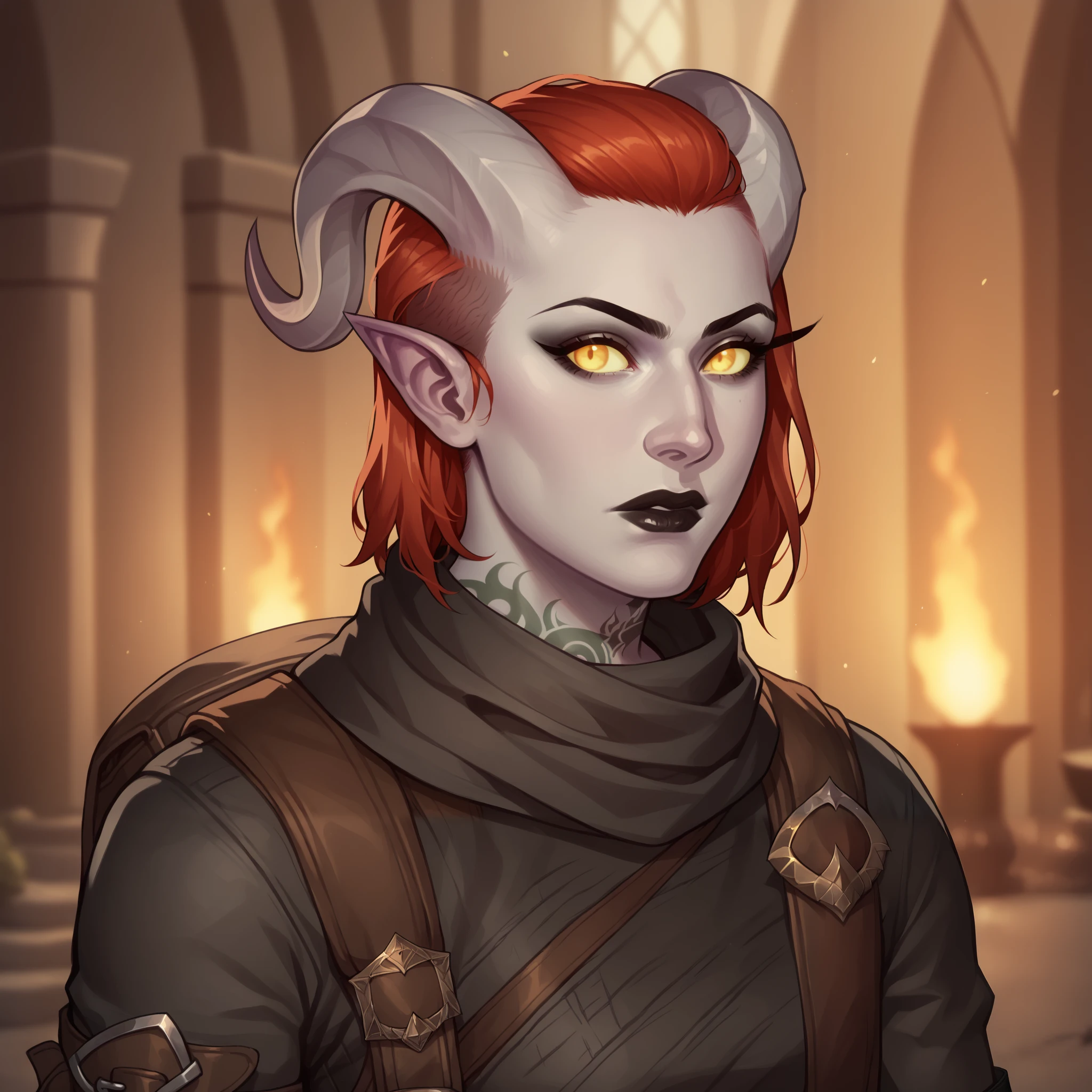 (((beautiful, high quality, comics style, detailed face))), score_9, score_8_up, score_7_up, BREAK bust shoot, solo, 1girl, 33y woman, (Tiefling, pointed ears, curved horns), ((pale gray skin:1.1)), muscular, tattoos, fiery red hair, medium hair, unruly shaved side, Black lips, eyeshadows, golden eyes, ((looking to the viewer)), a rogue wearing black torn coat, multiple belts, bandages, backpack, hood up, scarf, medieval inn, fantasy background, blurred background, DeepNegative_xl_v1, detailxl, zPDXL3