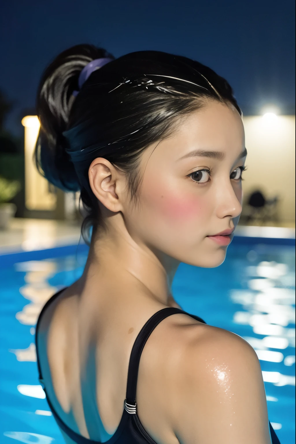 Photograph a Malay girl in hijab diving into a swimming pool with grace and confidence, capturing the beauty and athleticism of synchronized swimming