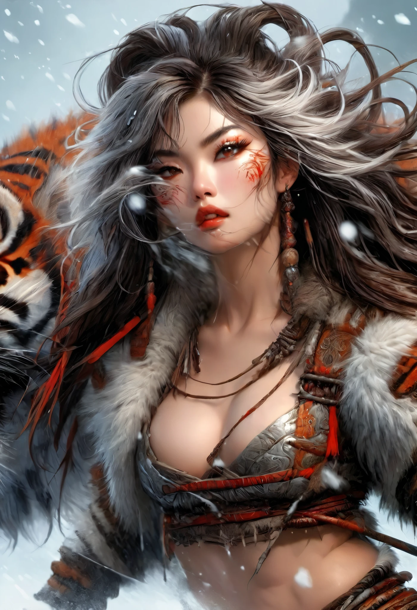(best quality,4K,8k,high resolution,masterpiece:1.2),Very detailed,(Actual,photoActual,photo-Actual:1.37),Thick fur winter coat,Creative fusion of traditional Chinese design patterns and contemporary elements, High Ponytail,There is blood on the face,Red paint, Strong expression, Full of energy, Sharp eyes, 1 warrior, Handsome face, Tiger beast, Epic Fantasy Character Art, wearing intricate fur armor, Luis Royo (Luis Royo) style, Northern female warrior holding a spear, HDR, Ultra high quality, Studio Lighting, Ultra-fine, Be focused, Physically Based Rendering, Very detailed description, Cute look like a professional , Vibrant colors, bokeh, portrait, landscape
