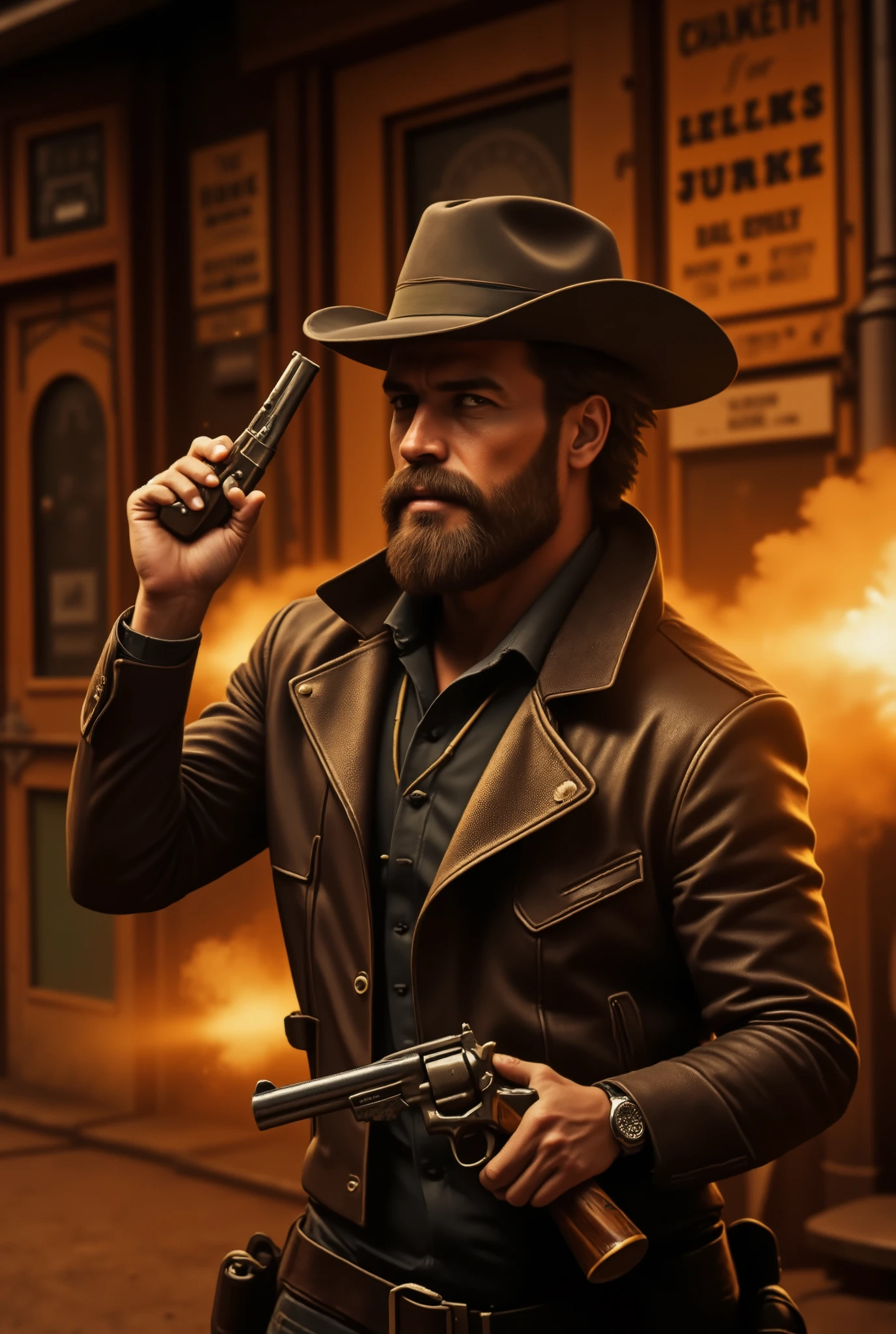 
"Create a video using a series of images depicting the story of a rugged cowboy with a brown beard and mustache. The video begins with the cowboy stepping out of a saloon bar, holding a bottle of whiskey in his hand. He takes a big swig from the bottle, then casually tosses it to the side. The cowboy adjusts his hat, grips his revolver with both hands, and flashes a confident, mischievous smile. The final moment captures him dramatically firing his gun with a cinematic flare. Each image should flow seamlessly into the next, with dynamic transitions like slow zoom-ins, pans, and fades to enhance storytelling. Add a western-themed background score and export the video in 1080p resolution, MP4 format