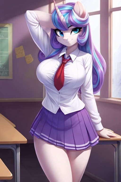 Flurry heart small waist, blue eyes, purple and light blue hair, mischievous, busty, school uniform