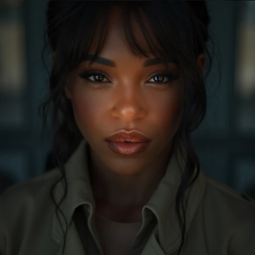 Abstract masterpiece, (sharp focus:1.2), photo, attractive young black woman with dark skin , (beautiful face:1.1), detailed eyes, luscious lips, (natural makeup:0.85), wearing ((soft trench coat:1.2)). (moody lighting:1.2), depth of field, bokeh, 4K, HDR. by (James C. Christensen:1.2|Jeremy Lipking:1.1). Juxtaposition composition, De Stijl , Alessandro Gottardo, Dhyana, Scattered Composition