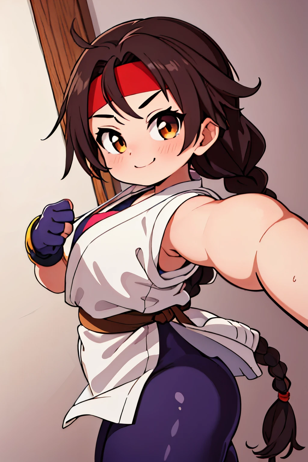 (masterpiece, best quality, high resolution, unity 8k wallpaper, extremely detailed CG:1), (illustration:1.0), 1girl,solo, yurims, headband, dougi, spandex, gloves, thicc thighs, smug, smile,  face, fight stance sensual