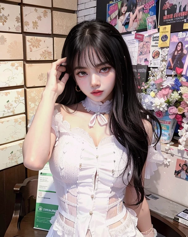 magenta tint、vibrant with colors、((tmasterpiece)))、(((quality)))、((ultra - detailed))、(Surreal)、(black transparent， lace panties)，(Very detailed CG illustration）、offcial art、CD cover、It will be、midsummer、The glorious 1980s、1 Sister，ssmile、cochetti gorgeous、incomparable beauty、long whitr hair，short blouse，Superskirt、perfect angle、Perfectcomposition、corner store，(evening，trains station，trains，Cloud)，