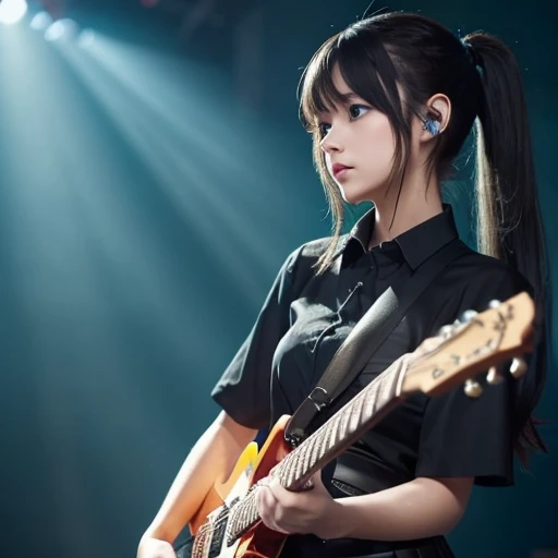 top-quality、8k picture、((masutepiece, Best Quality))1girl in, Solo, Black Dress, Blue eyes, electric guitar, Guitar, Holding, holding plectrum, musical instrument, Long hair, The music you play is rock, One side up, Teal Hair, Playing the Gita at the Budokan, Crowd full、Pleated skirt, Black shirt,
