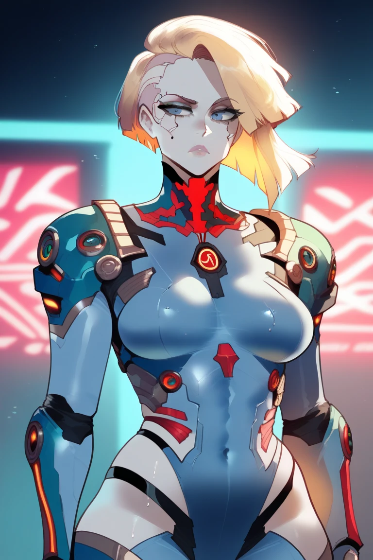 Combat Gynoid Maxim with shoulder length straight dirty blonde hair, () (Medium :1.4) figure with wide , pale skin, gray eyes, grasping a sleek sub-machine gun, clad in high-tech steel blue armor with metallic accents, set against a dystopian cyberpunk backdrop with neon lights reflecting off wet pavement, rendered in a detailed, high-contrast matte painting style with deep, rich colors, blending the dark, gritty aesthetic of Syd Mead with the vibrant, neon-lit futurism of Ash Thorp and the intricate, mechanized details of Simon Stalenhag, inspired by the fantasy concept art trending on Artstation, with a cinematic, 8k resolution quality reminiscent of Unreal Engine 5, emphasizing bold, complementary colors and dramatic lighting