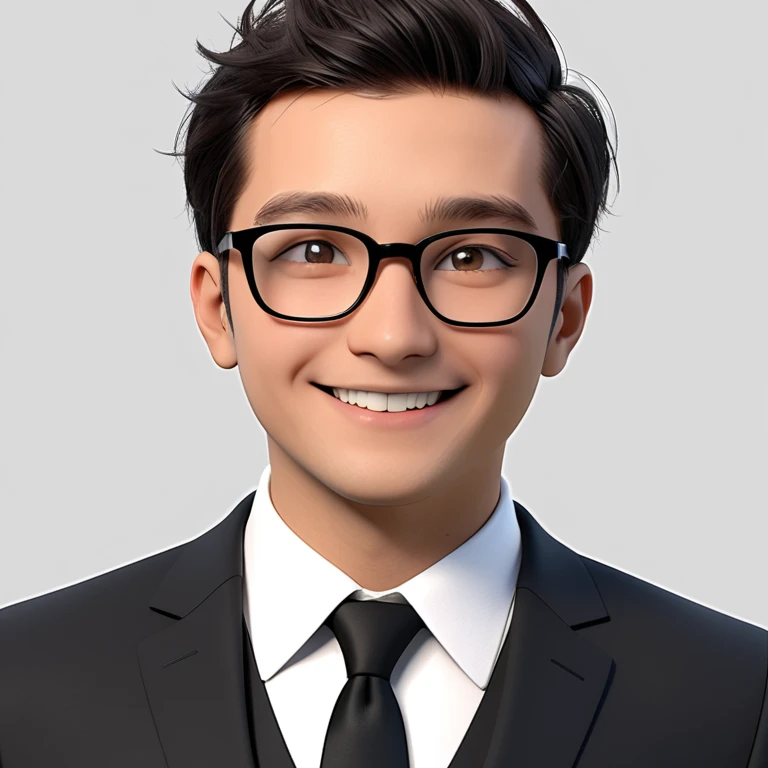 Male, 3D, 3D Cartoon, Cartoon, Real Photo, 
Real Cartoon, Black Suit, Glasses, Half Body, Plain 
Backgraund, Smile, Real person young funny man with 
normal expression 