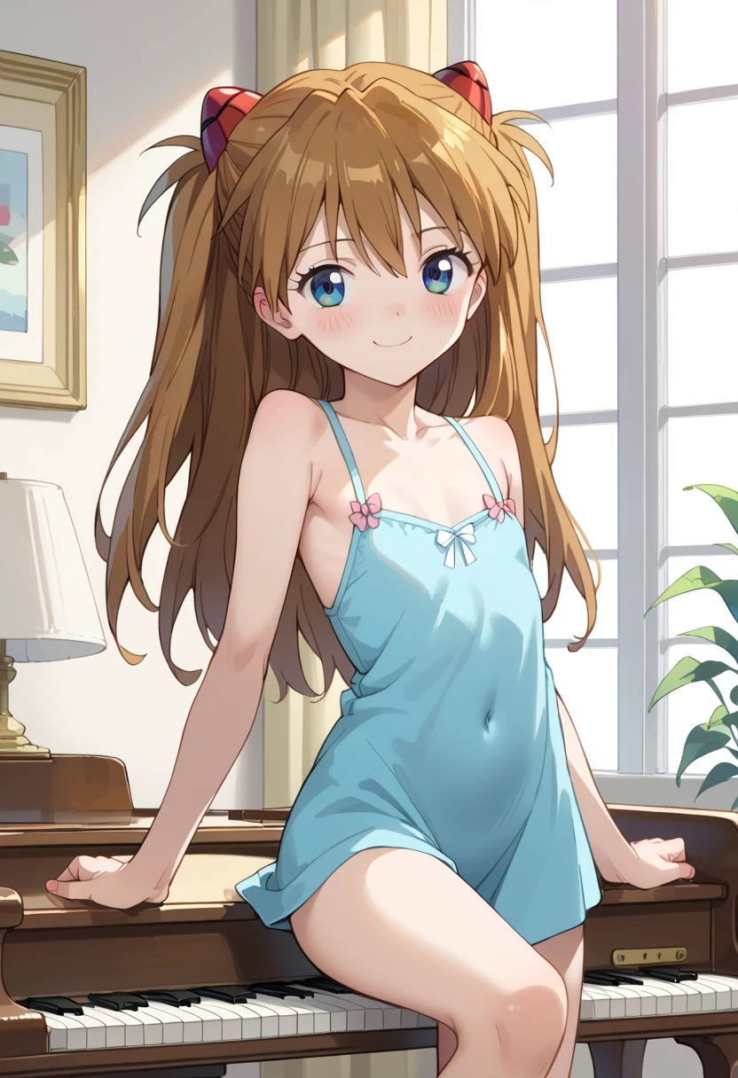 (( best quality )), ((masterpiece)), (be familiar with),  Perfect Face, indoor, bedroom,  Watching Viewers ,
One woman,  Soryu Asuka Langley,
開いた口,  ecstatic expression beside the piano, blush, smile,
 small tits,  flat chest, Young girl, Lori,  s,  girl,
 long hair,  two side up,
Leg spread,