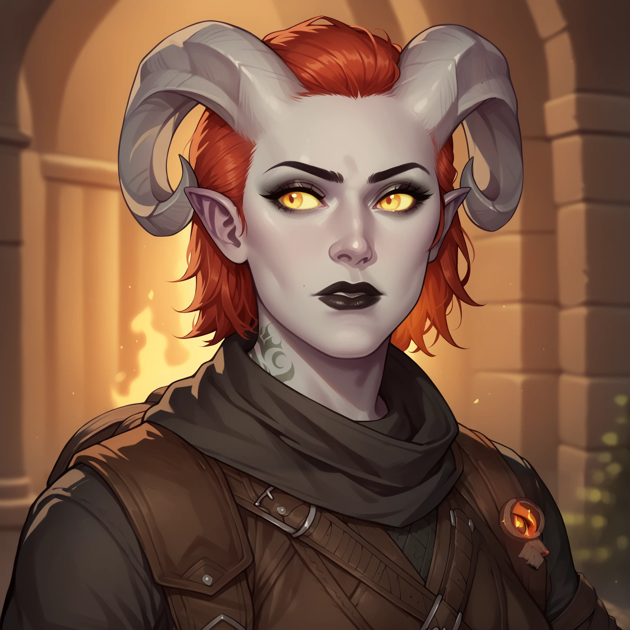 (((beautiful, high quality, comics style, detailed face))), score_9, score_8_up, score_7_up, BREAK bust shoot, solo, 1girl, 33y woman, (Tiefling, pointed ears, curved horns), ((pale gray skin:1.1)), muscular, tattoos, fiery red hair, medium hair, unruly shaved side, Black lips, eyeshadows, golden eyes, ((looking to the viewer)), a rogue wearing black torn coat, multiple belts, bandages, backpack, hood up, scarf, medieval inn, fantasy background, blurred background, DeepNegative_xl_v1, detailxl, zPDXL3