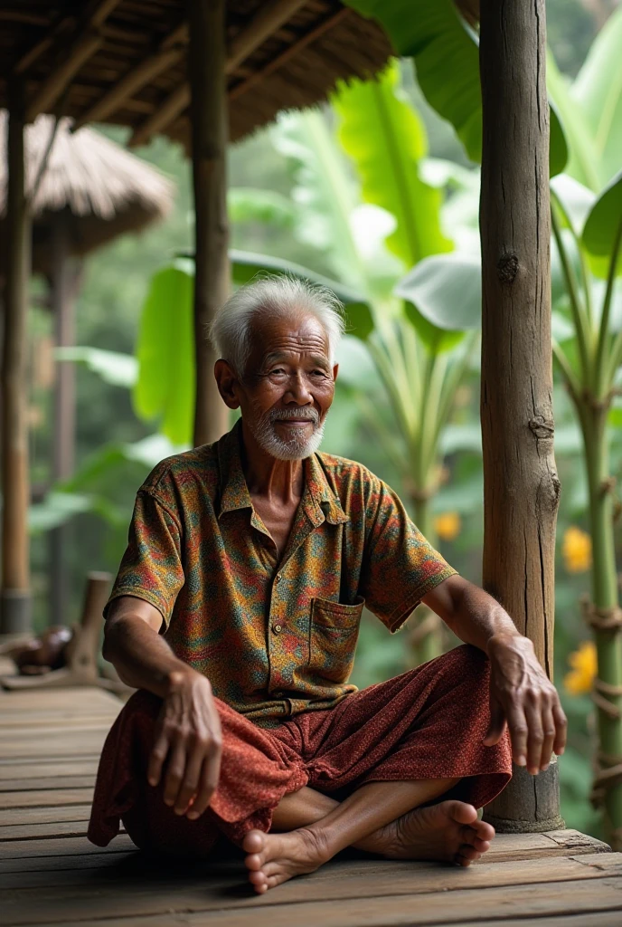 ( photo realism 1.2) photo realistic high detailed old native male smile sitting on simple bamboo hut with dog sleeping under the hut morning mode with campfire cinematic Malaysia forest cinematic view some effect dark mode night no shirt leaves craft on head