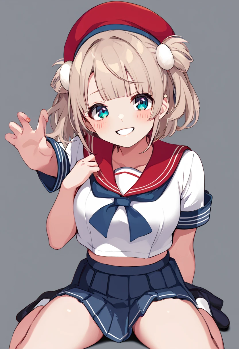 nsfw best quality, super high res, detailed and beautiful face, (solo) cute, Shigure Ui, sailor outfit, mini skirt, red hat, cute smile