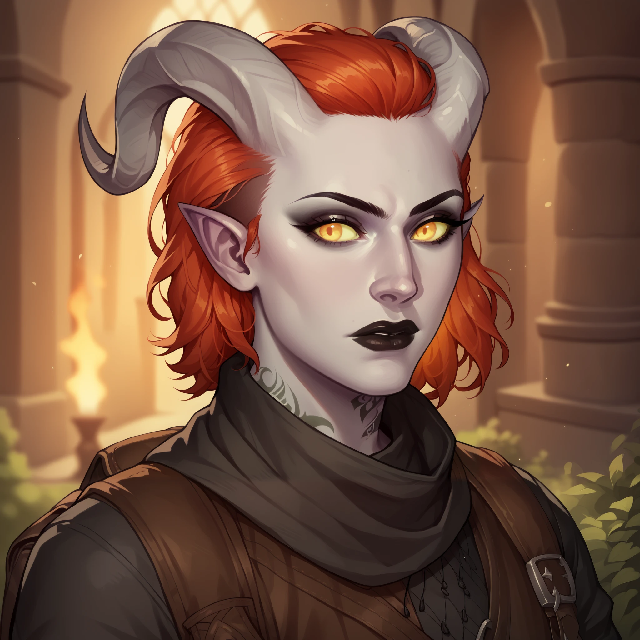 (((beautiful, high quality, comics style, detailed face))), score_9, score_8_up, score_7_up, BREAK bust shoot, solo, 1girl, 33y woman, (Tiefling, pointed ears, curved horns), ((pale gray skin:1.1)), muscular, tattoos, fiery red hair, medium hair, unruly shaved side, Black lips, eyeshadows, golden eyes, ((looking to the viewer)), a rogue wearing black torn coat, multiple belts, bandages, backpack, hood up, scarf, medieval inn, fantasy background, blurred background, DeepNegative_xl_v1, detailxl, zPDXL3