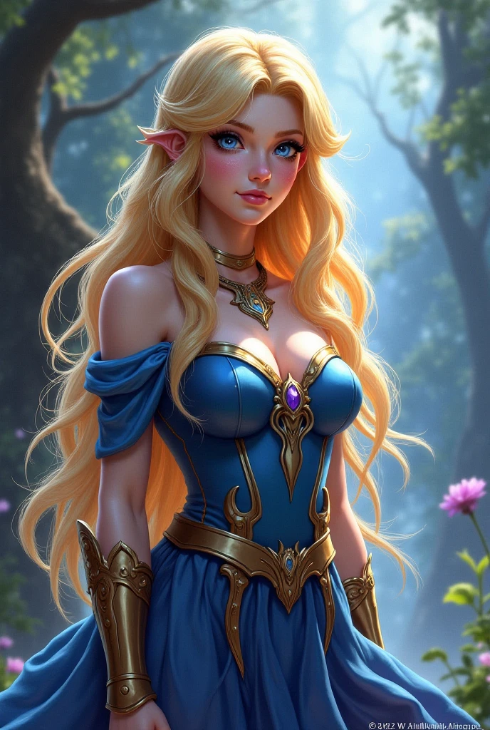 Masterpiece in maximum 16K resolution. | (Cute cartoon style). | An adorable alluring elven queen in a short gown with rich complex nature patterns on it. | (((Soft smile, looking at the viewer))), vivid blue eyes. | Elegant tiara, flowers, big shiny legendary amulet. | Flowing blonde hair, (pointy ears). | Elven architecture in the background. | More_Detail