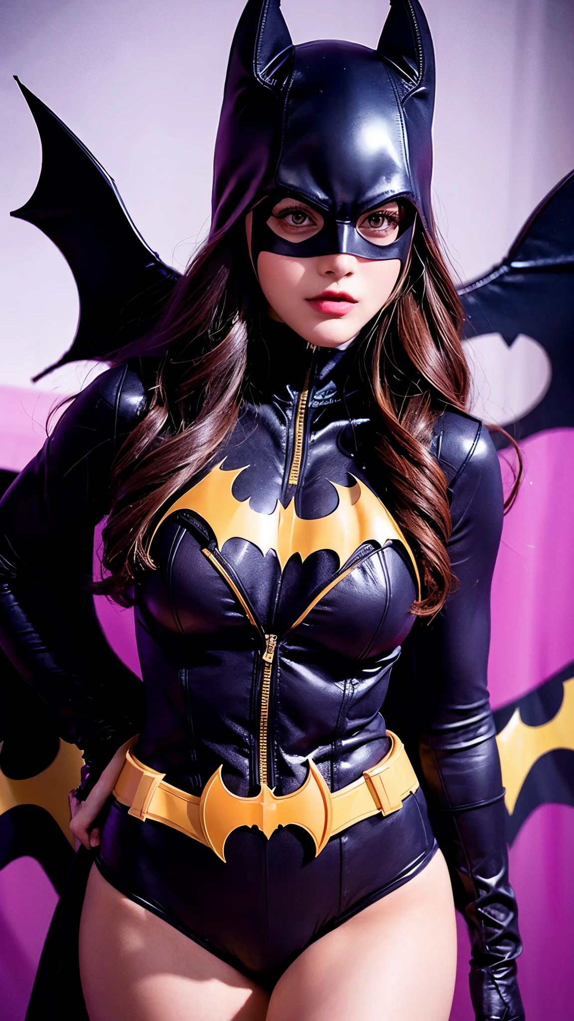 (( Batgirl's style  )) She strikes a powerful pose&#39;A full-body Marvel portrait against a neon city backdrop、Dazzler, Fireworks explode overhead .   women holding hands  , She is exerting her strength , There&#39; A bright light trail behind her , Sparkle her white punk rock outfit.  Capture the unique sound waves that constantly emanate from her hands 、 To show the power of music theme、Make sure to scatter vinyl records around。.