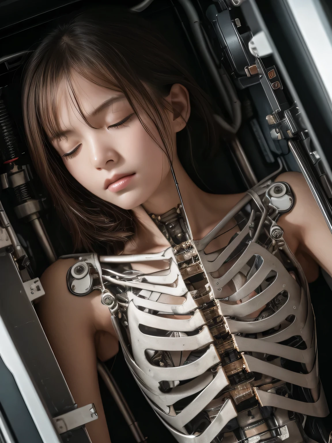 (tmasterpiece,Top image quality,film production,The details are unbeatable)female android((largeeyes,Hair ripples between wire connections,Mechanical skeleton,Compassion in deep eyes:1.4)Tai(red colour,Abrasion texture:0.9)),janelas,Through the window, floats in space,The body is hollow,Aesthetics。