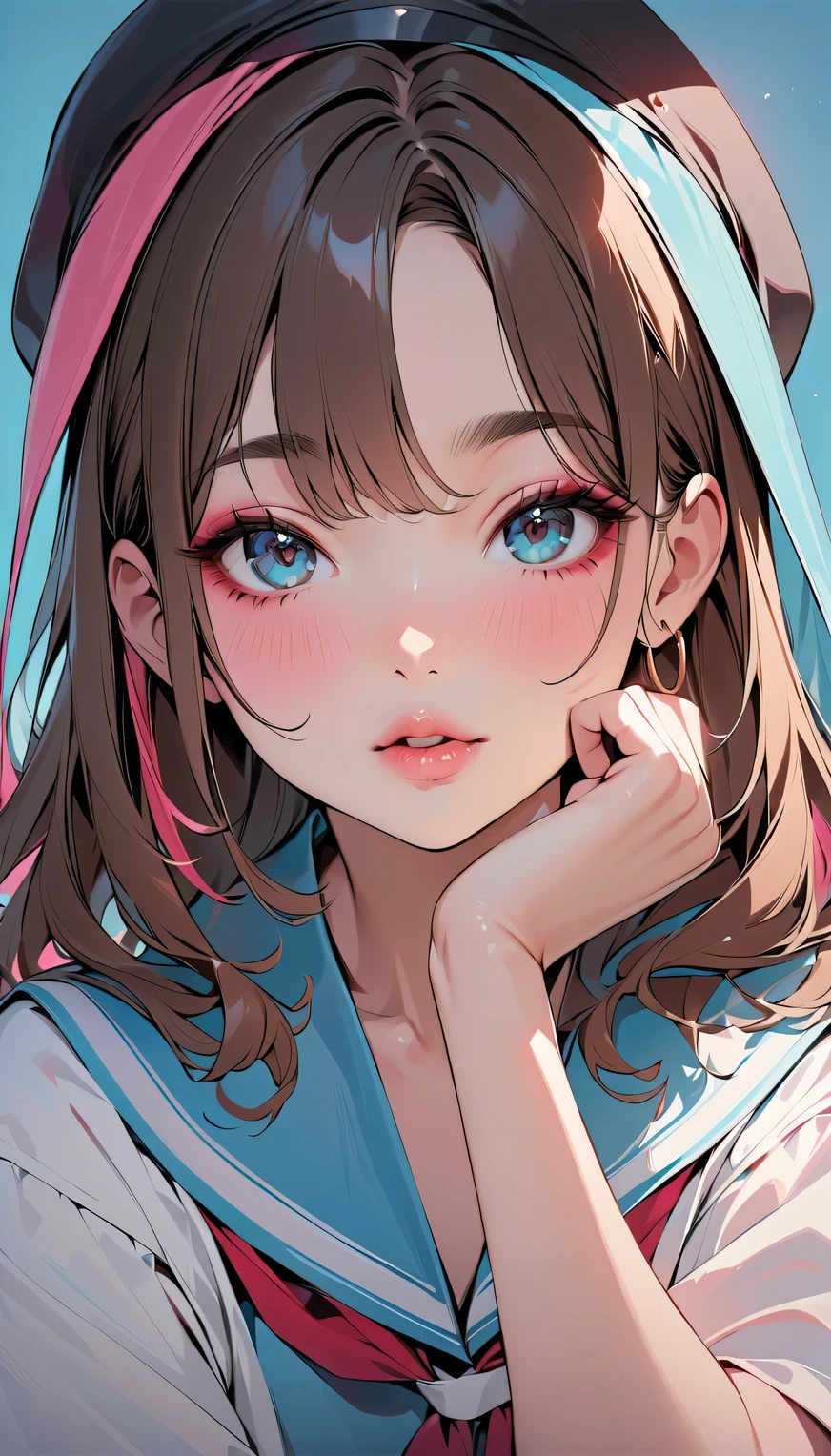  perfect composition of drapes  ,  proper placement , Golden Ratio, (Masterpiece,   best quality :1.331),   1 girl, Alone,  anime style, Colorful Students, Blurred vision,   smiley face,  Biting bread posture  ,  Perfect Meaning  , Pink lower lip,   Makeup for Japanese High School Girls ,   brown hair,  Asymmetric Wavy Hair  ,  Long Bangs on One Side  ,  Color Highlights ,  Cerulean Blue Clothes  ,    Japanese High School Uniform  ,   Japanese High School Sailor Suit ,  pure cerulean blue background,
