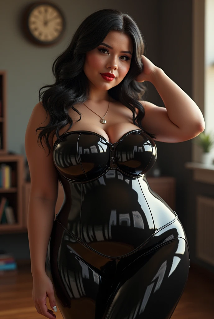 Erotic, adult Video actress. A voluptuous, curvy woman. Hana haruna. body measurement of 100-70-90! beautiful chubby face, round face, long hair, braid. Her wide heart-shaped lips curl up, light smile. Beautiful seductive eyes. She wears a latex dress with cleavage. Leaning in the bedroom. Seductive. Photorealistic, Masterpiece, indirect lighting, soft lighting. Dark wooden room, glow in the background. 8k. Taniaayusiregar.