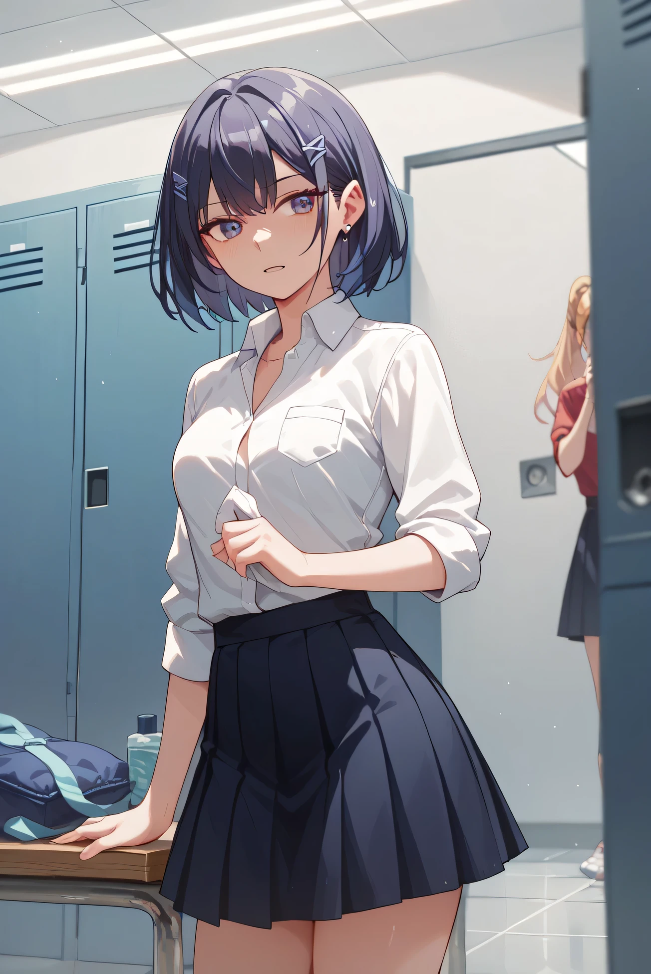 {best quality}, {very aesthetic}, {ultra-detailed}, {best illustration}, nsfw, girl, locker room, changing pantie, skirt,