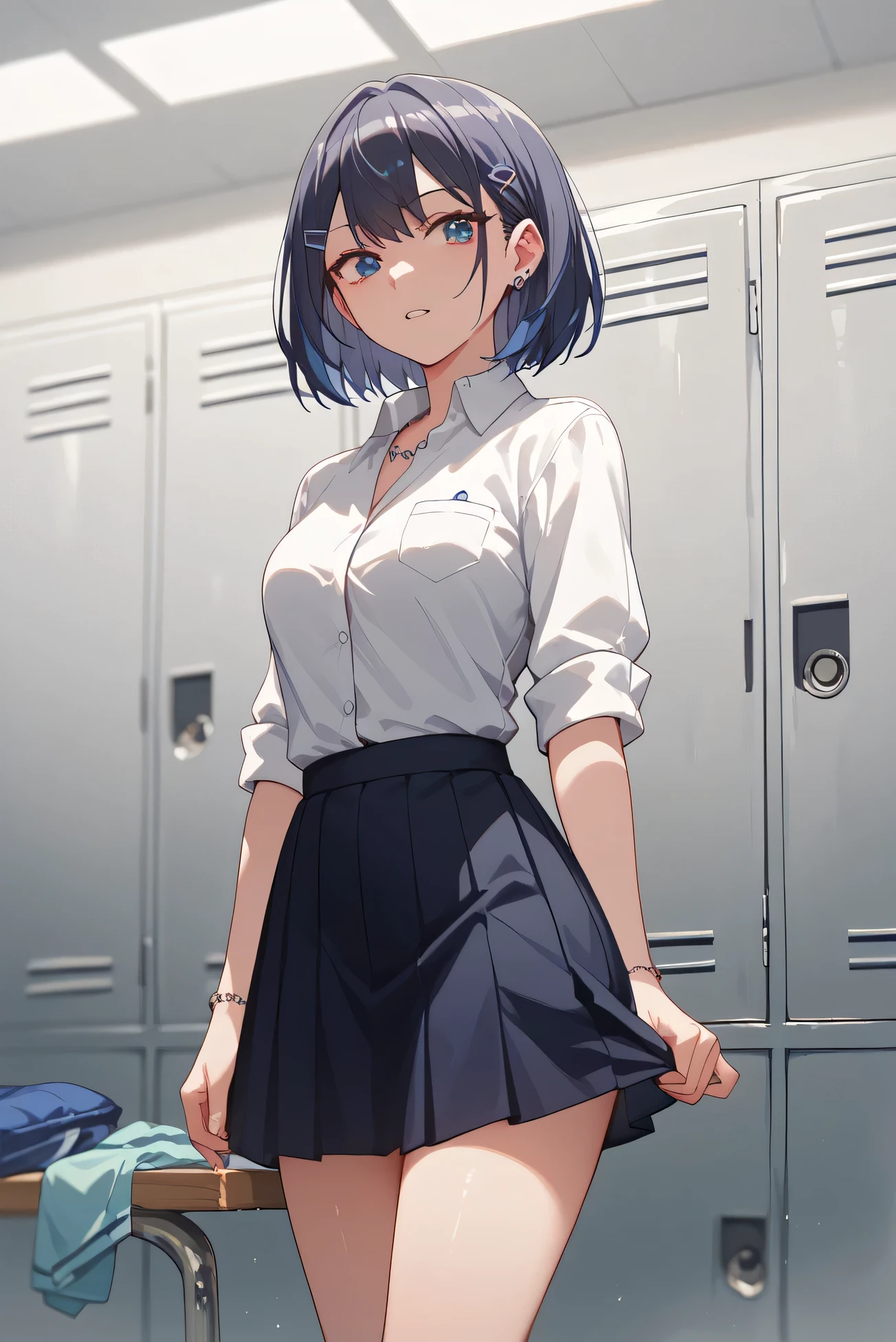 {best quality}, {very aesthetic}, {ultra-detailed}, {best illustration}, nsfw, girl, locker room, changing pantie, skirt,