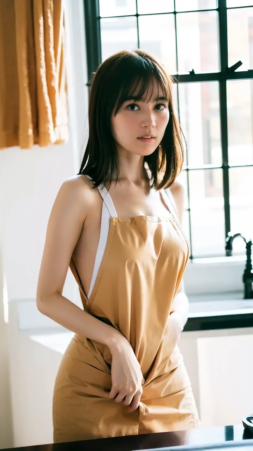 Cute like an idol、Cute and adorable、A girl with a young face、Smiling Kindly、Naked with only an apron on、Naked under the apron、(((A see-through apron that lets you see your skin)))、Cleavage、((kitchen))、whole body、Accurate、Anatomically correct、Textured skin、Very detailed、 Attention to detail、Highest quality、High resolution、Genuine、Indistinguishable from live-action、realism、Real Stick、RAW Photos、Genuine、masterpiece