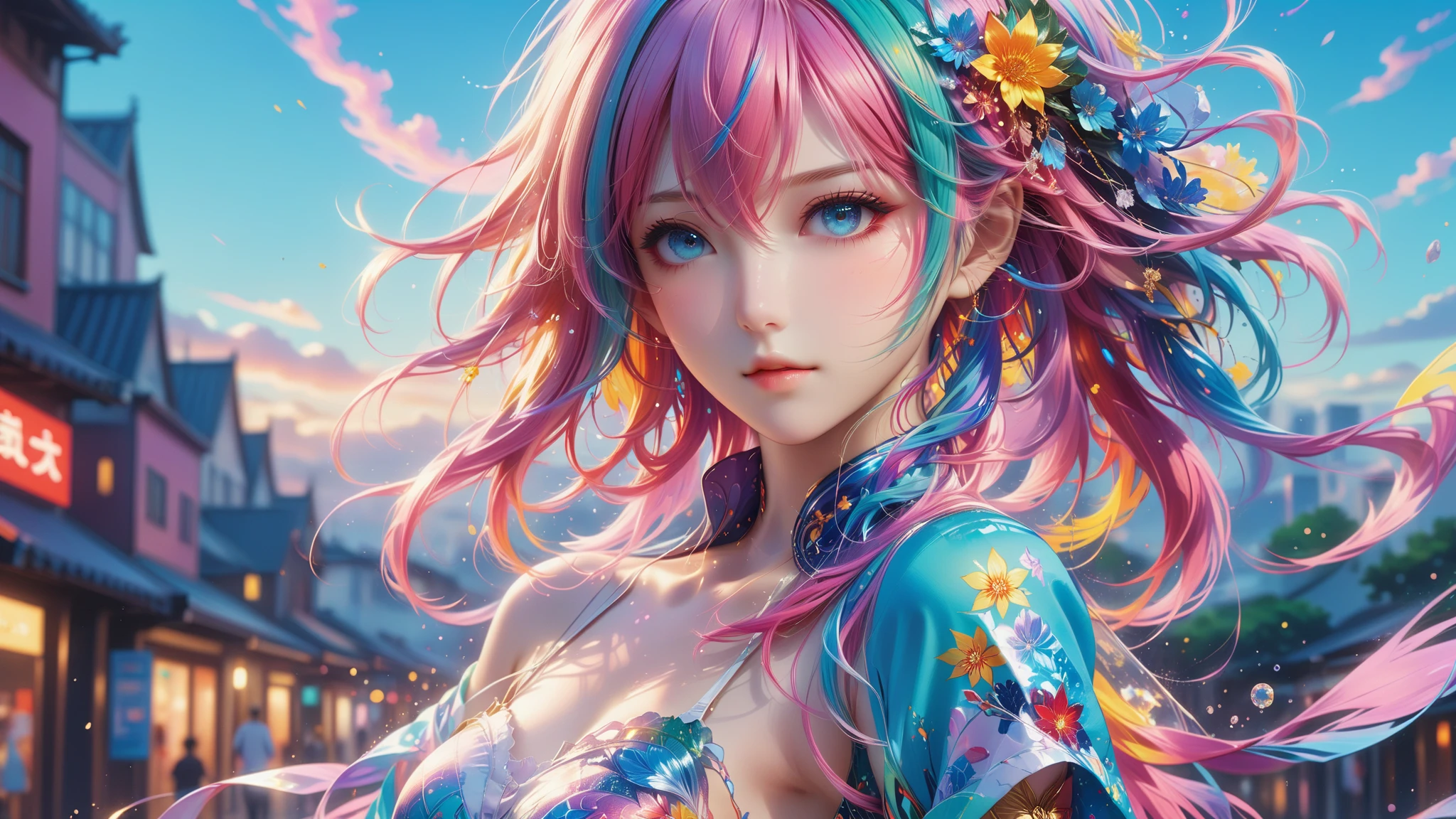 Half blue and red hair, pink eyes, woman, teal blue gold clothes,happy face, sexy, cat ears, hearts, floating hearts, face only, long hair, smiling, cherry blossom, hair ornament, up close face