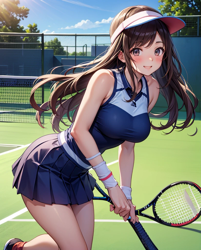 1lady solo, (sporty outfit) (stylish outfit), mature female, /(brown hair/) bangs, blush kind smile, (masterpiece best quality:1.2) delicate illustration ultra-detailed, large breasts BREAK (holding a tennis racket) BREAK (tennis court) outdoors