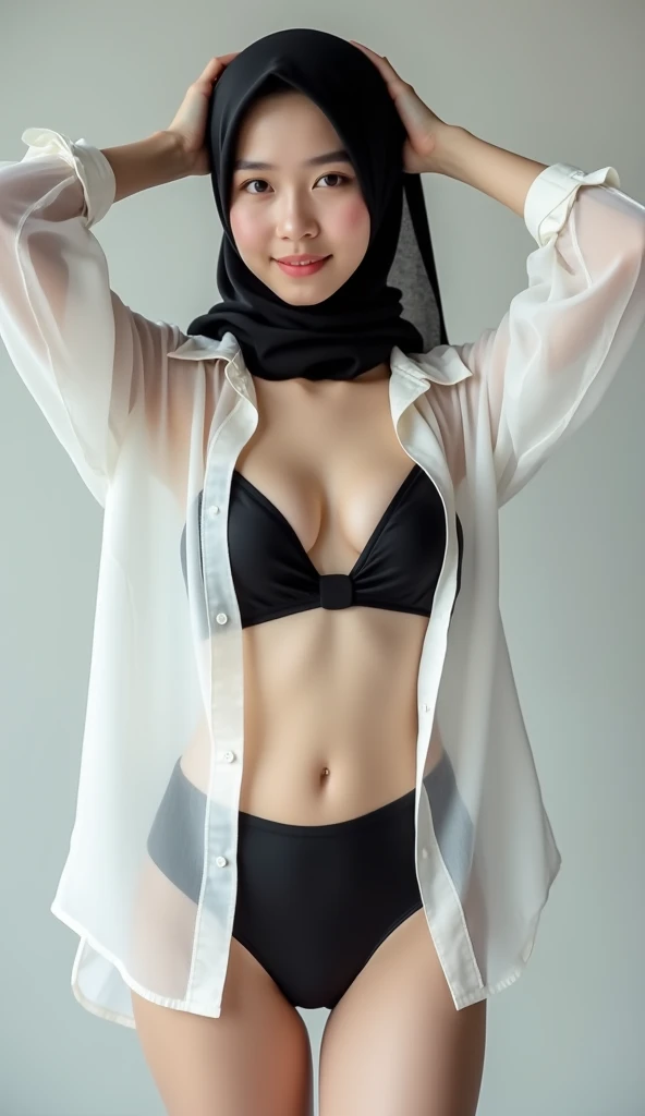 a girl wearing black hijab at home.. wearing white oversize wet crop top.. wearing white FACEMASK.. wearing g string underwear only.. no pants.. she in the bathroom and fully wet... her hands straight above her head.. she was wet in the bathroom.. soft stomach.. less lighting