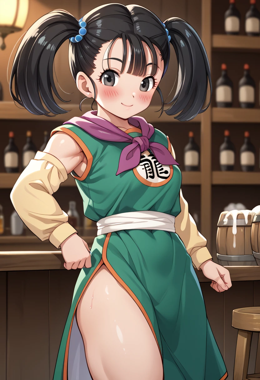 Score_9, Score_8_up , Score_7_up , Score_6_up , Score_5_up , Score_4_up , Quality_masterpiece, hyper detail, best quality, default image, beautiful detailed, beautiful hair,{{ANIME COLORING}},{{ Akira Toriyama style}}},Blush female,Oily skin female,oiled, (slut:1.2),(vulgarity:1.3),(steam:1.1),(wet:0.8), akiratoriyama, official style, {{ Dragon Quest III }},(dq3fighter, black hair, twintails, black eyes)(hair ornament,  neckerchief, chinese clothes, green dress, yellow sleeve drunken eye,small breast,bar,Tavern,)nsfw,(, [[[[[[[[[abs]]]]]]]]],