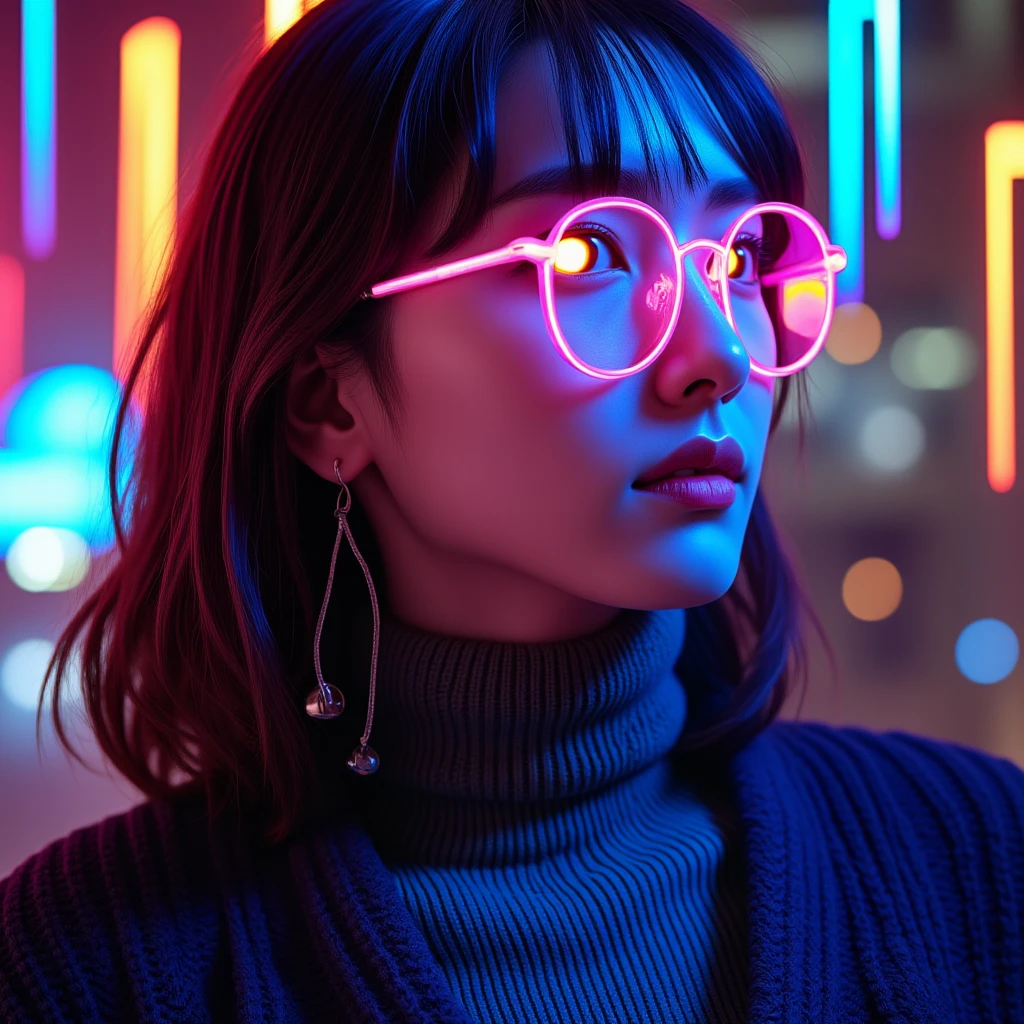 In the style of surrealism, A stunningly beautiful young woman, ( With text  "  Neon Art Style "  prominently displayed in a cyberpunk font in the center of the image in surrealist style:1.5 )., 