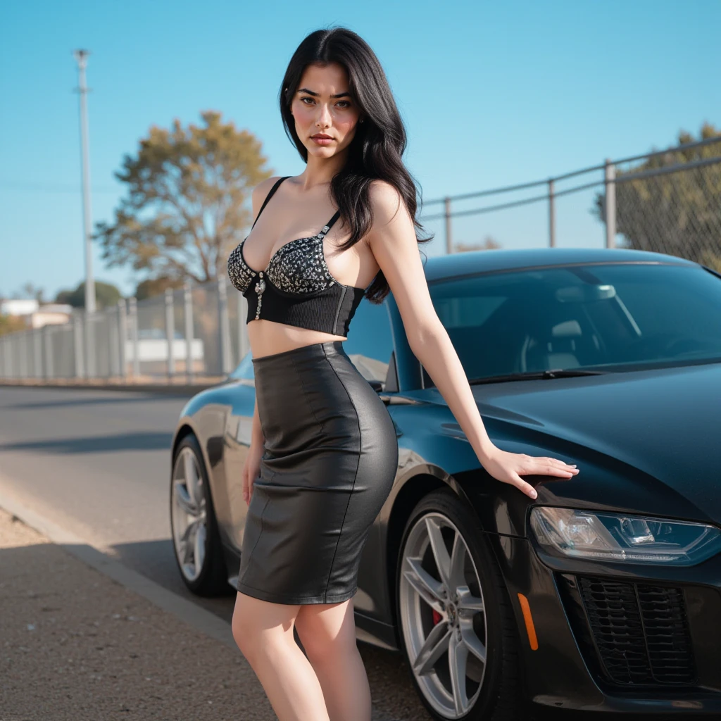Woman standing next to a white car with a Georgia USA license plate, wearing black Polo Ralph Lauren, holding a red Michael Kors bag.
Woman, ((Masterpiece, best quality)), full body view, detailed skin, highly detailed, cinematic lighting, ultra realistic, dark brown hair, medium hair, portrait, cleavage, full body view, contrast, close-up up, cinematic light, ultra-high resolution, best shadow, RAW.
Woman with white skin and dark brown hair. She is around 40 years old, 165 cm tall and weighs 56 kg. She has a perfect mouth, a perfect face. Her body exudes glamor and her face is a definition of beauty. Slender body, thin waist. Highly realistic, hyperrealism, very elaborate skin, perfect face. Clear Photo, High Resolution, High Quality, Masterpiece, 16K Photo, High Contrast, Masterpiece, Nude, Nude, NSFW