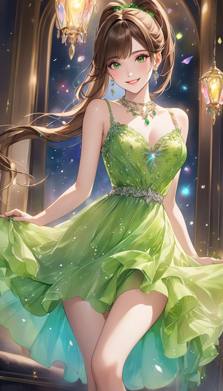 a beautiful brunette girl with flowing brown hair, green eyes, wearing a green imperial dress with a deep neckline, anime style, against a bright sky background with twinkling lights, dynamic angle, arrogant laughter
